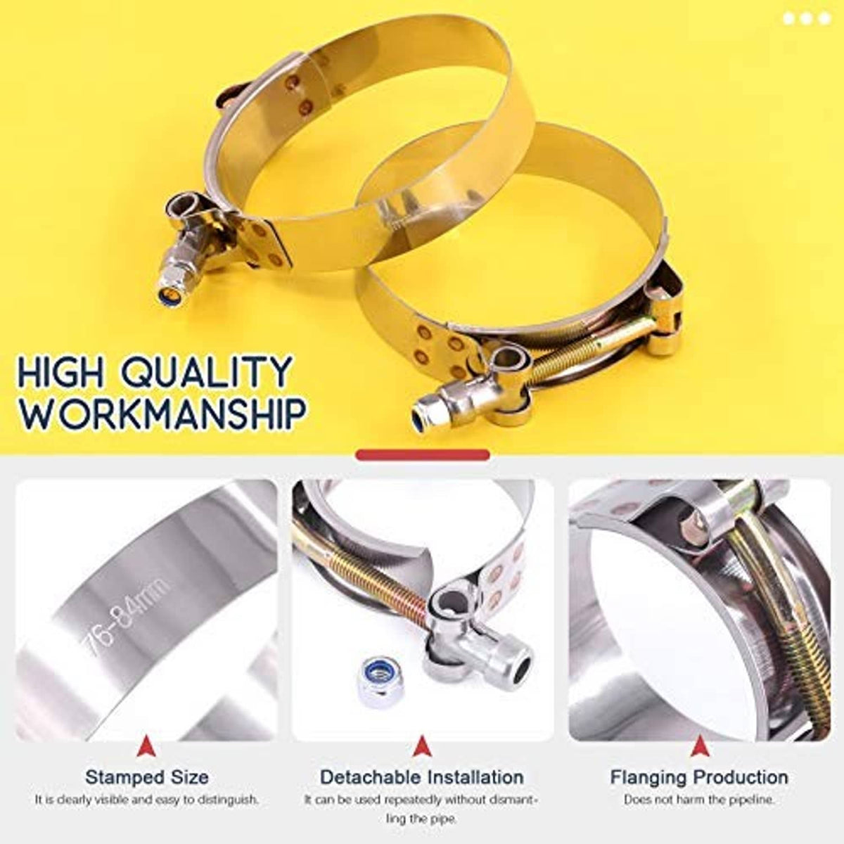 Stainless steel T-bolt hose clamp pair with adjustable worm bolt and perforated band