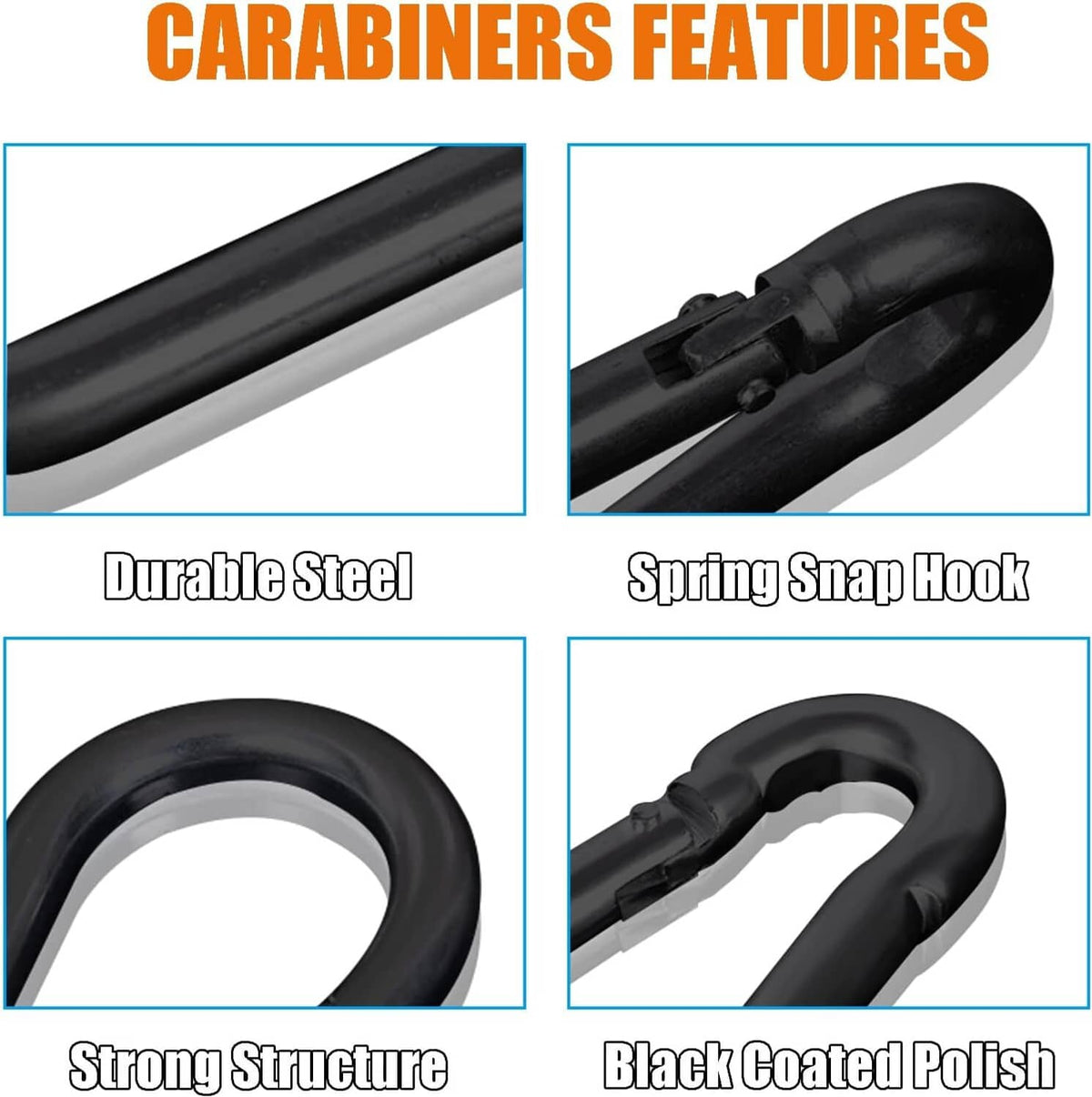 Black steel carabiner clip with spring snap gate, heavy-duty close-up