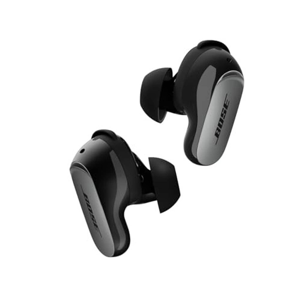 Black wireless earbuds with ear fins, angled view showing glossy outer finish