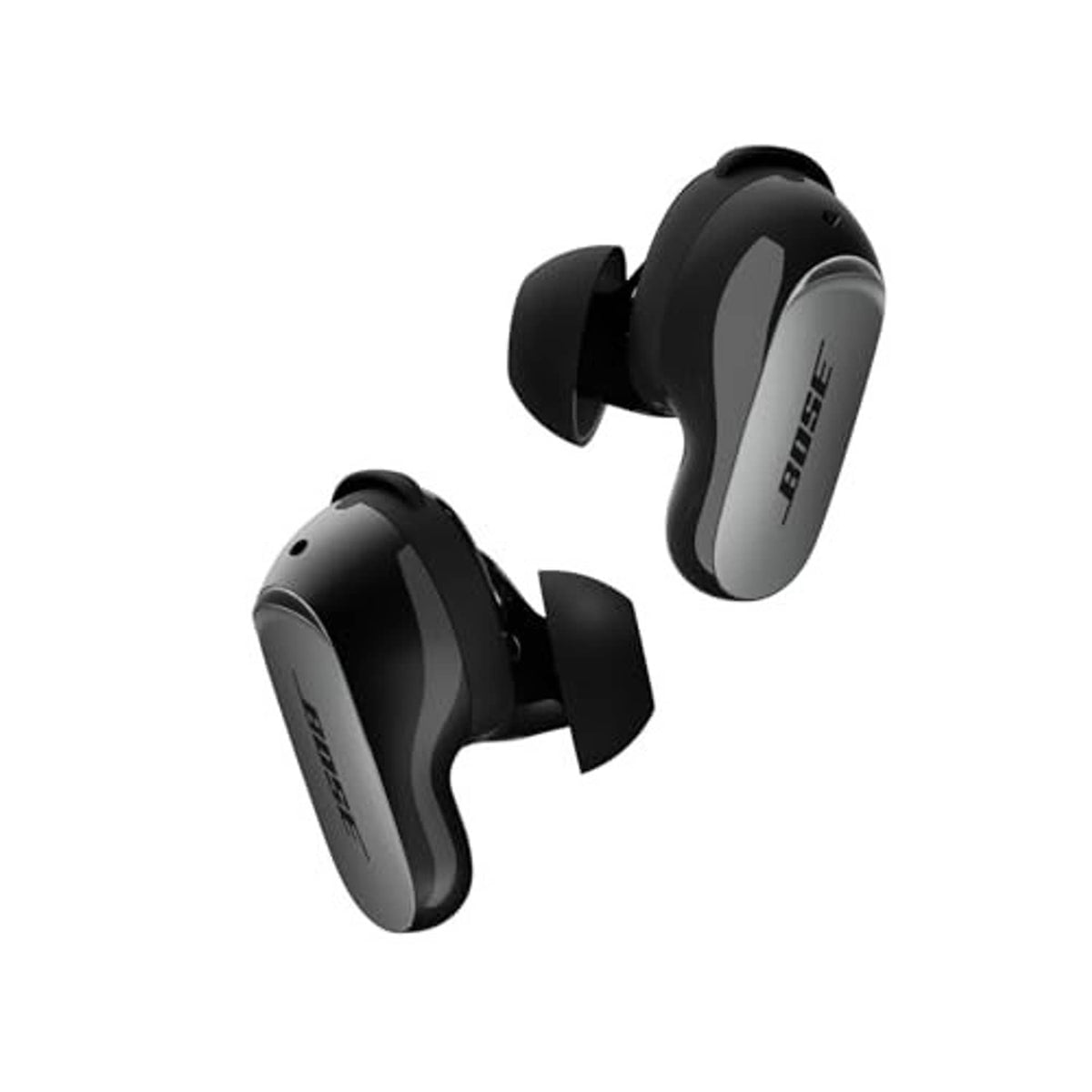 Black wireless earbuds with ear fins, angled view showing glossy outer finish
