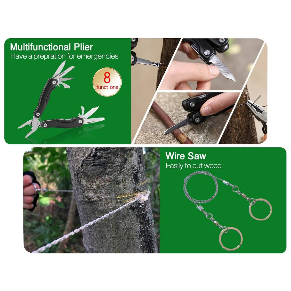 First aid kit tool set detail: multifunction plier and wire saw