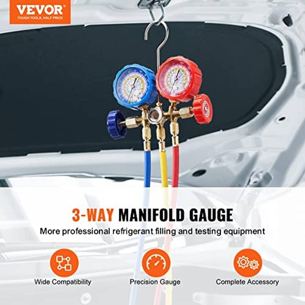 3-way manifold gauge set with blue and red pressure gauges connected to colored hoses