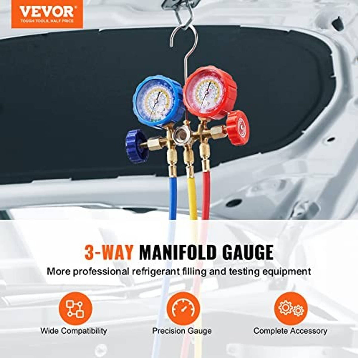 3-way manifold gauge set with blue and red pressure gauges connected to colored hoses