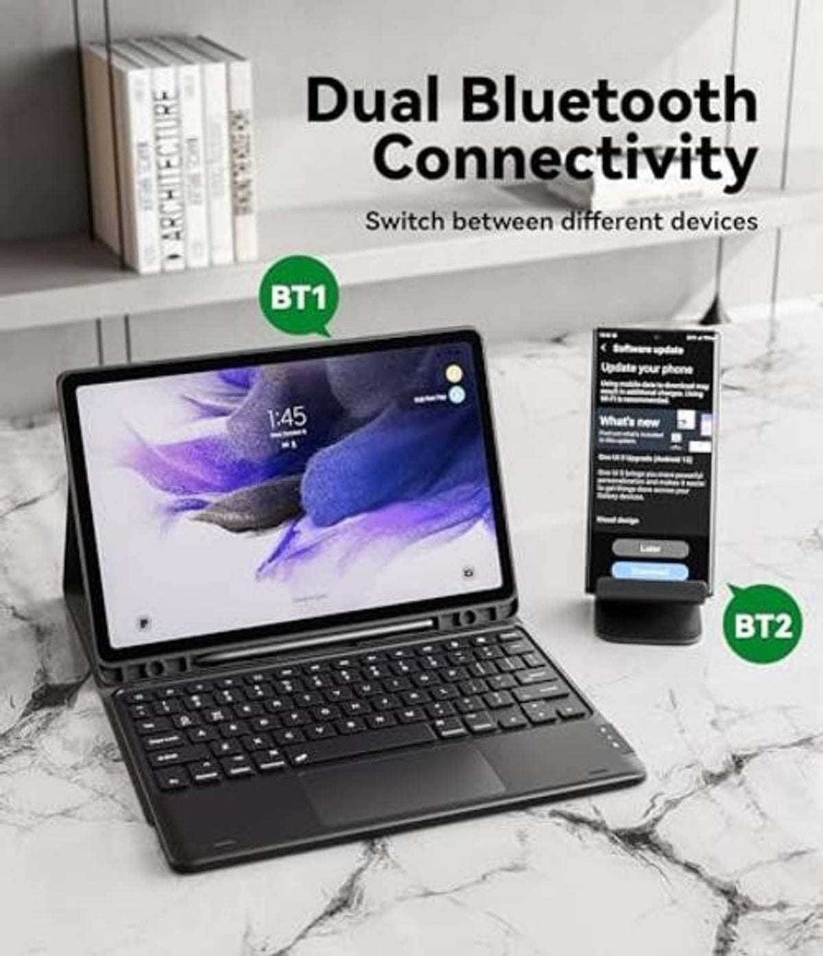 Black keyboard case with tablet on stand and keyboard open on desk