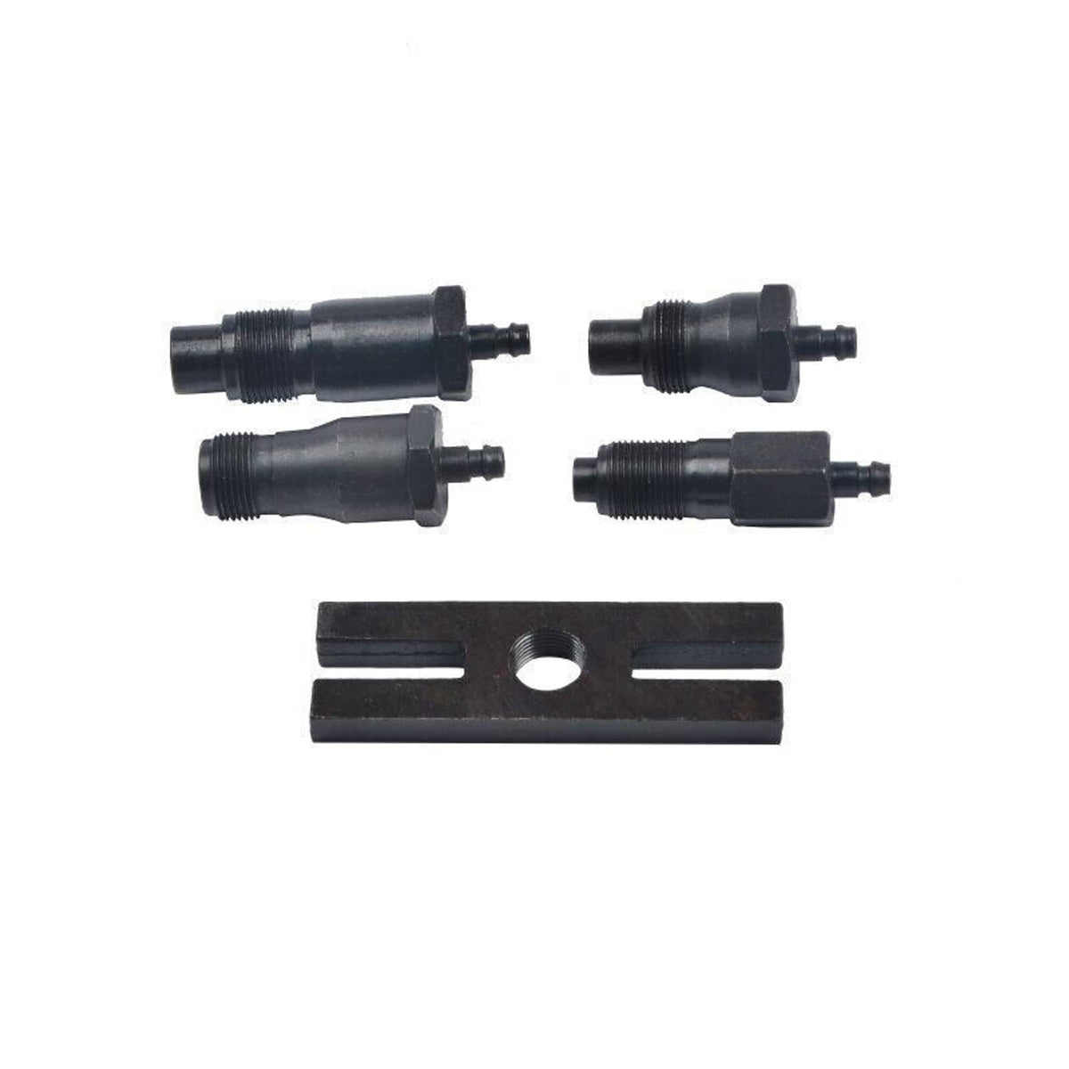 Engine compression tester fittings with black hoses and base plate