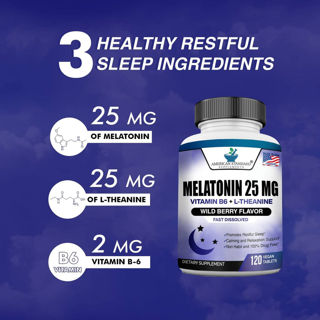 Melatonin 25 mg sleep ingredients chart with bottle showing B6, L-theanine amounts