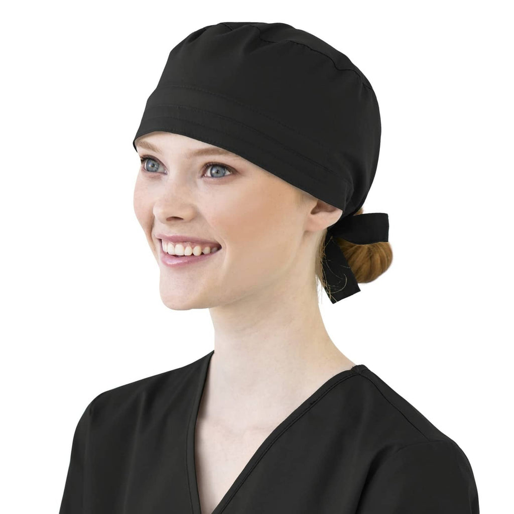 Black unisex tie-back scrub cap, side view with back tie