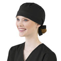 Black unisex tie-back scrub cap, side view with back tie