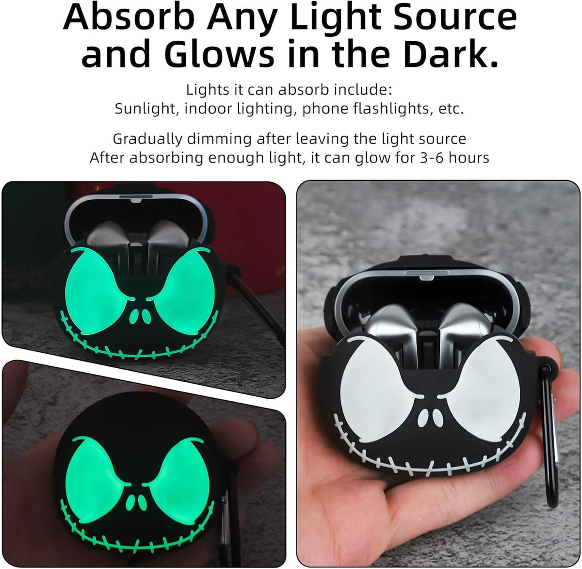 Black silicone earbuds case cover that glows green in the dark