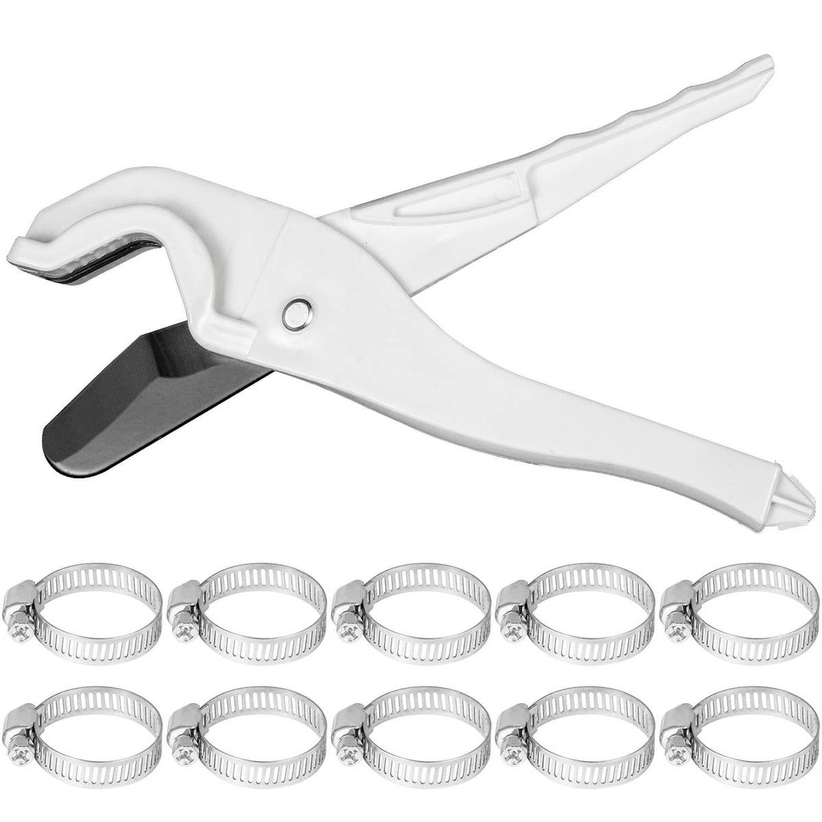 White pipe cutter tool and multiple stainless steel clamp rings for tubing