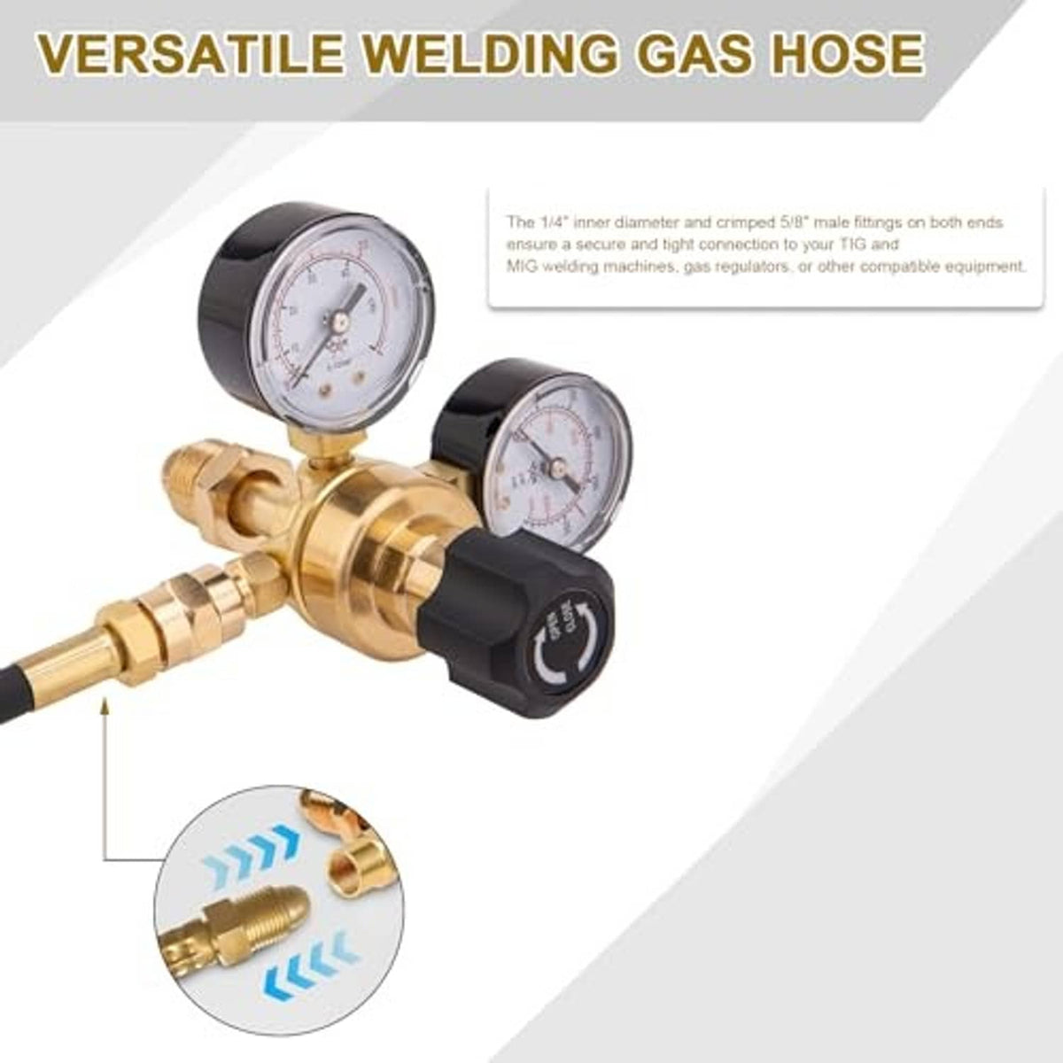 Welding gas hose with dual pressure gauges and brass regulator fittings