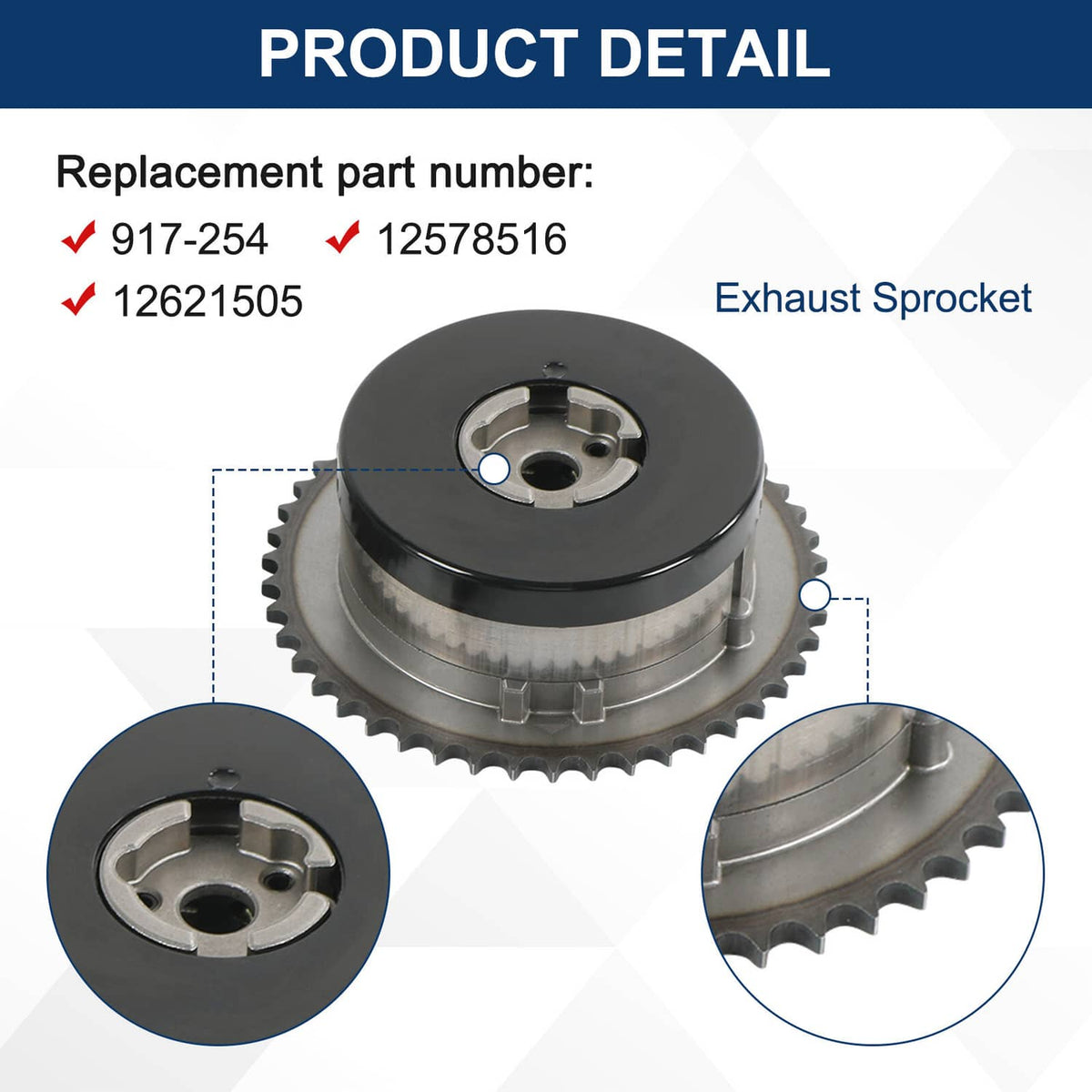 Exhaust cam phaser sprocket with metal teeth and central shaft hole