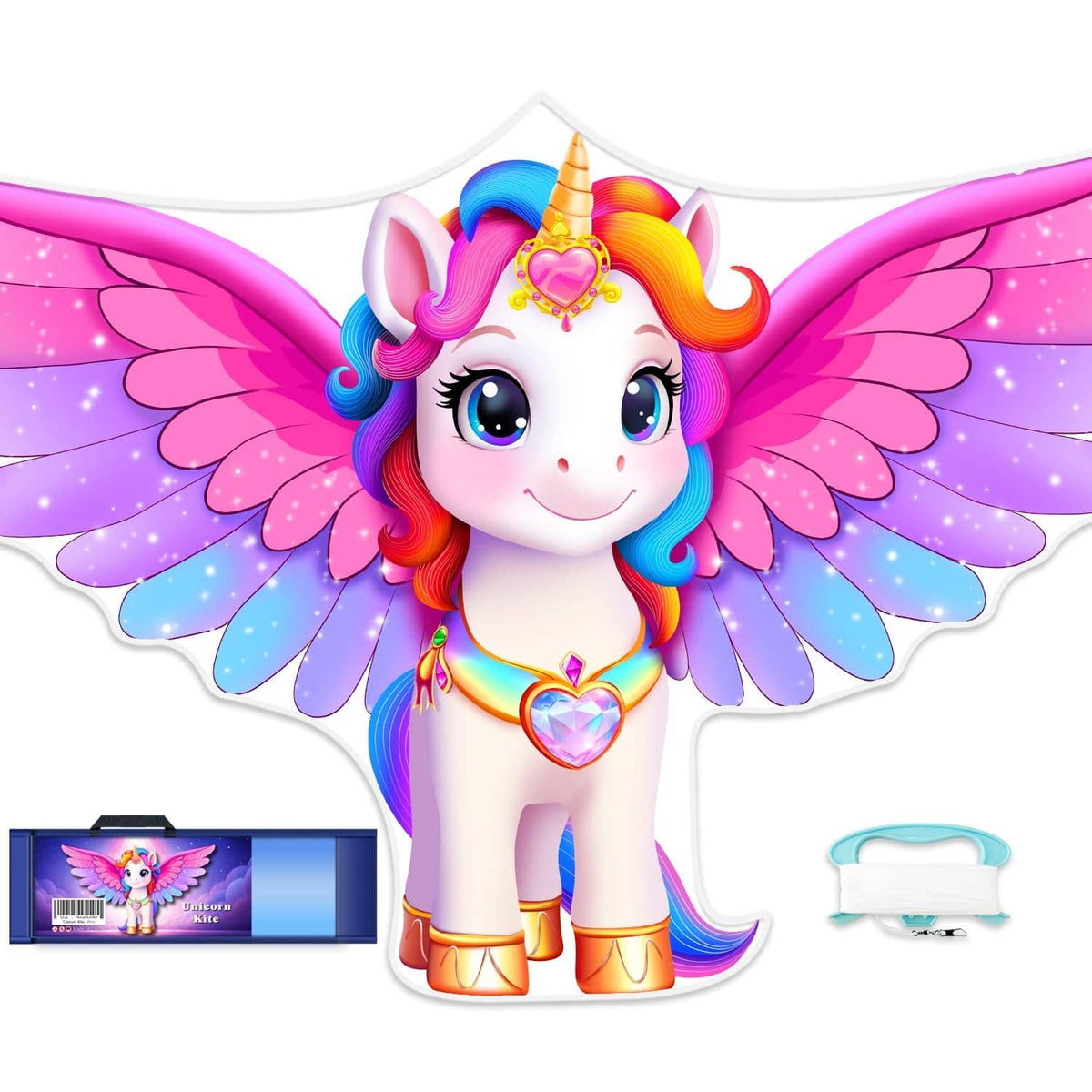 Pink rainbow unicorn kite with heart necklace, large wings, and tail ribbons