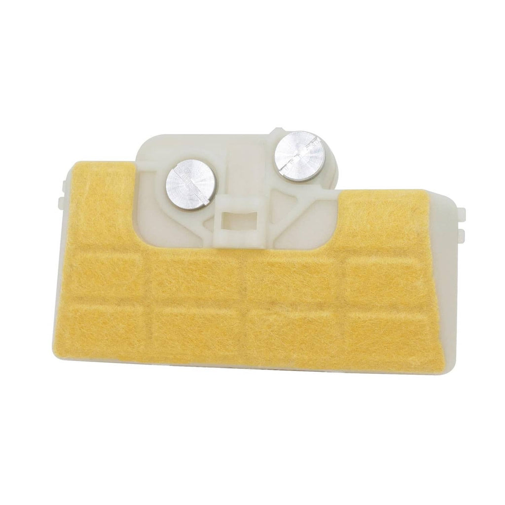 Air filter cleaner with yellow foam pad and white housing with two metal caps