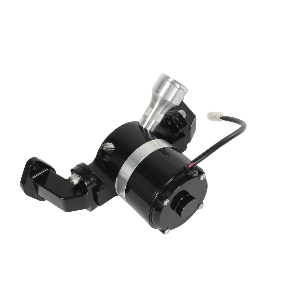 Black electric water pump with silver inlet fitting and black power cable