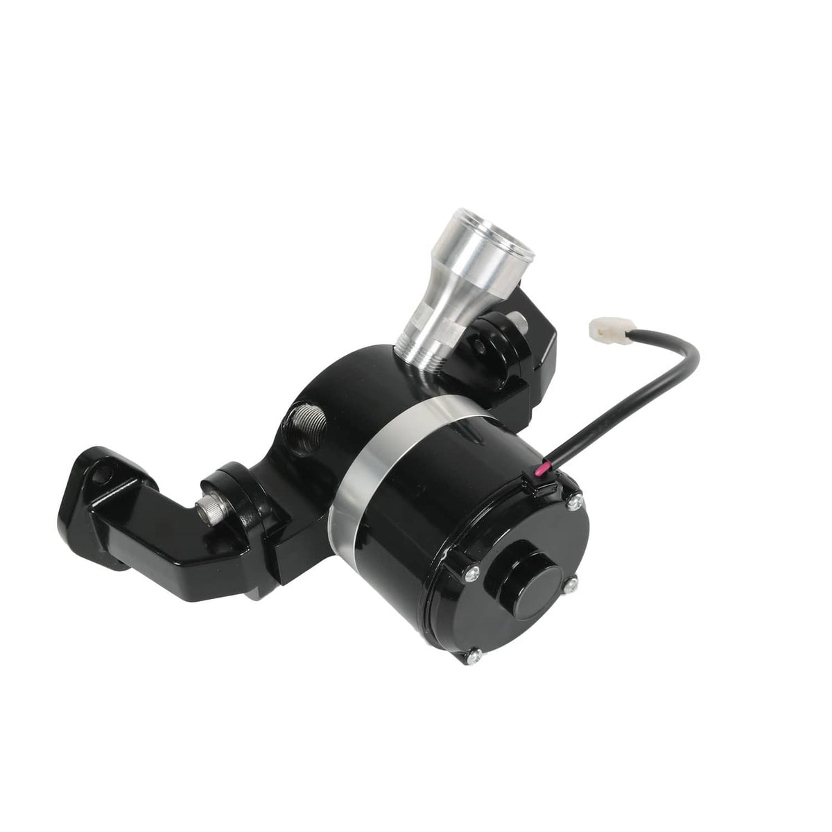 Black electric water pump with silver inlet fitting and black power cable