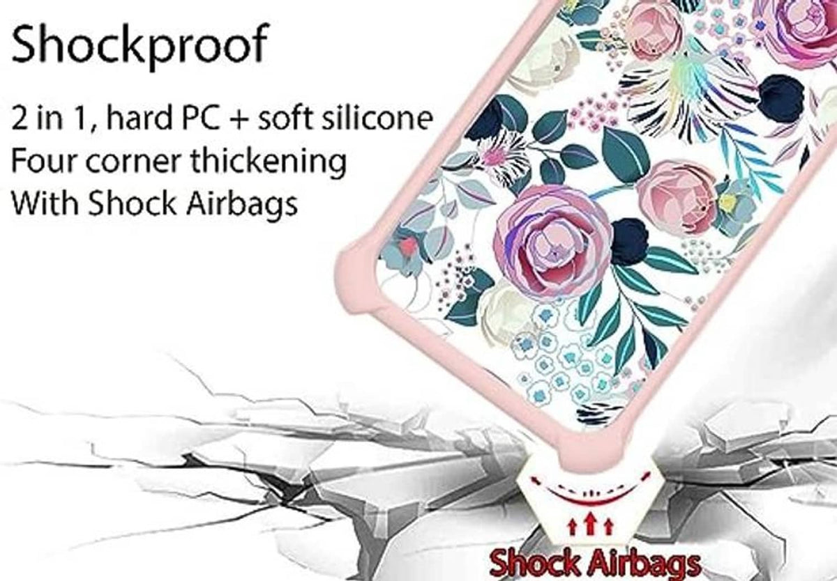 Shockproof pink floral phone case with dual-layer protection and corner airbag design