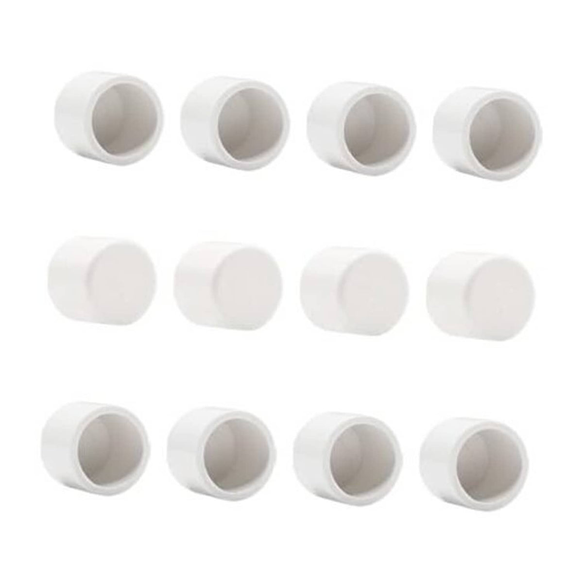 Set of white PVC pipe end caps, four side views plus flat end caps