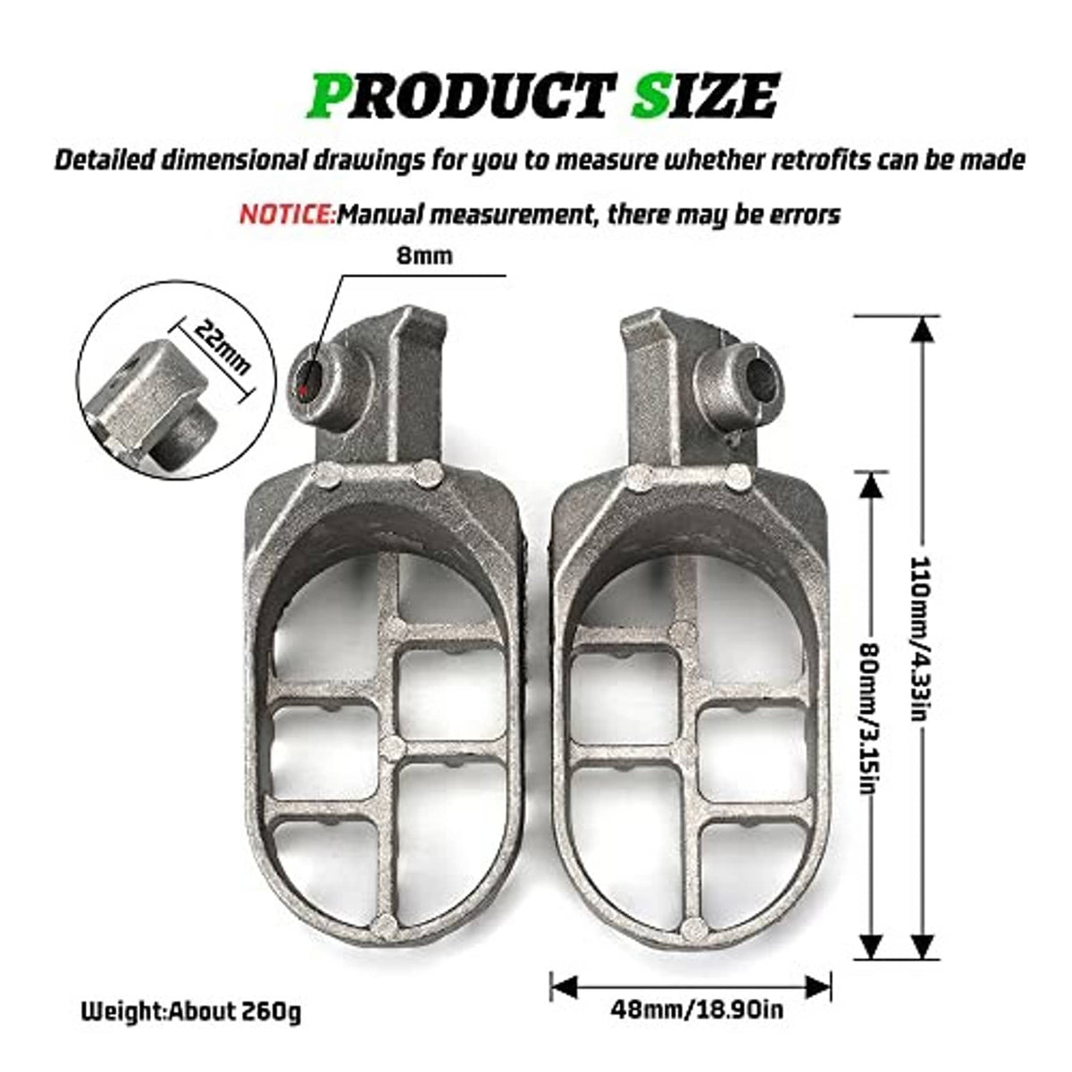Silver aluminum footpeg dimensions diagram with mounting brackets and hole locations