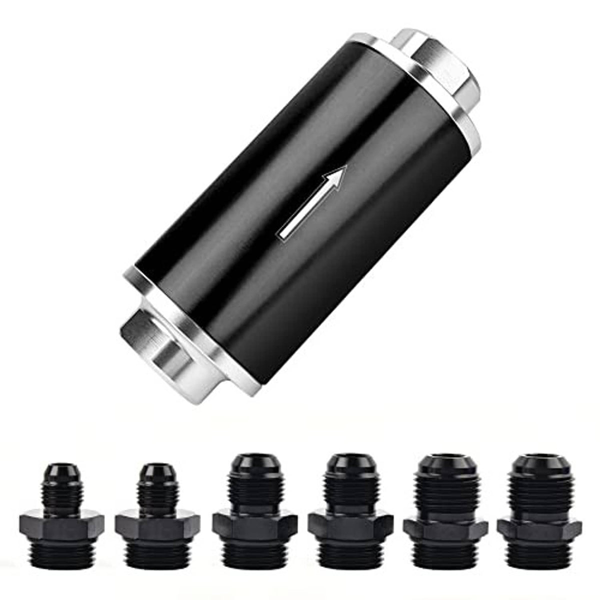 Inline fuel filter with black housing, silver end caps, and flow arrow symbol on body