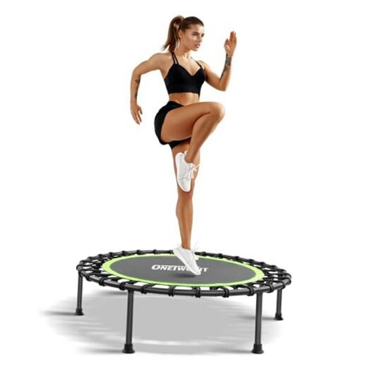 Adults mini rebounder trampoline with round green jumping mat and black steel legs