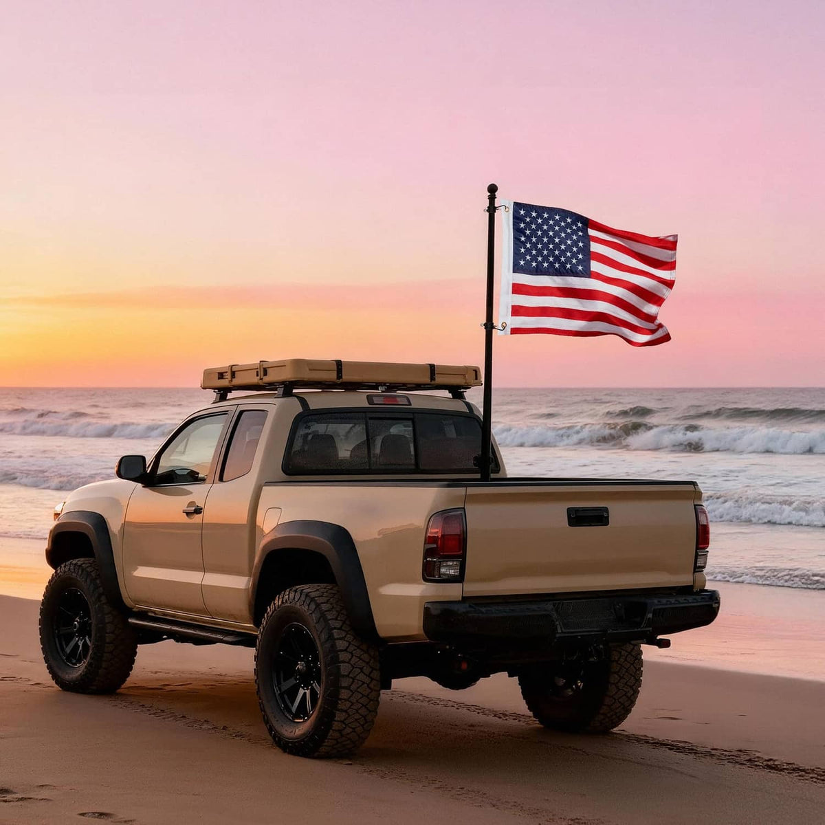 American flag mounted on a vehicle flagpole with red and white stripes and blue stars