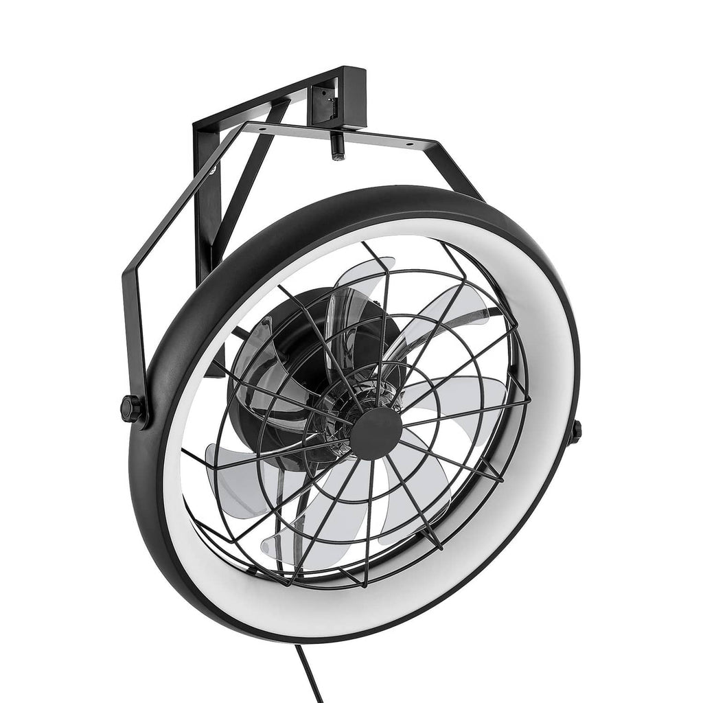 Wall-mounted fan with light, black circular fan blades and protective grille