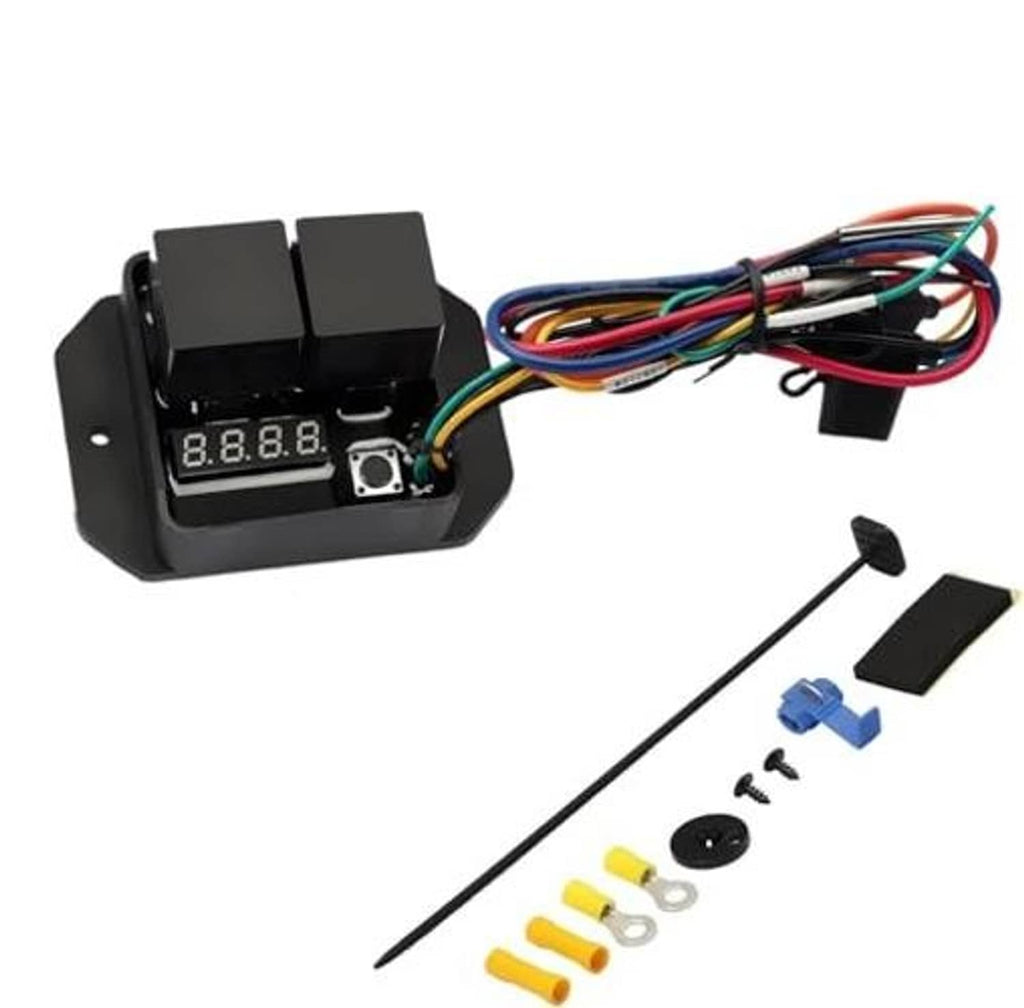 Radiator fan controller switch kit with LED display, wiring harness, and long temperature probe