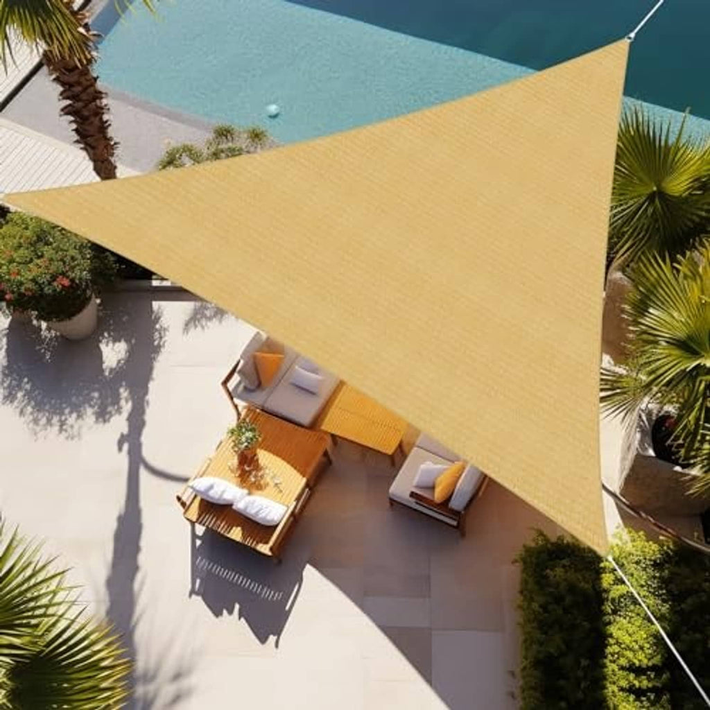 Triangle sun shade sail in sand beige permeable mesh with triangular canopy over patio