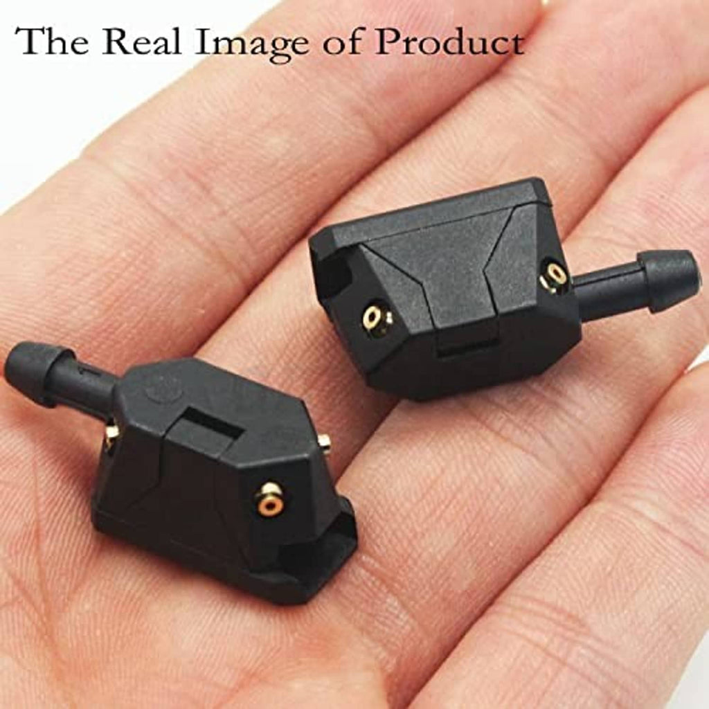 Universal windshield washer nozzle arms, black housing with gold inlet, close-up on hand.