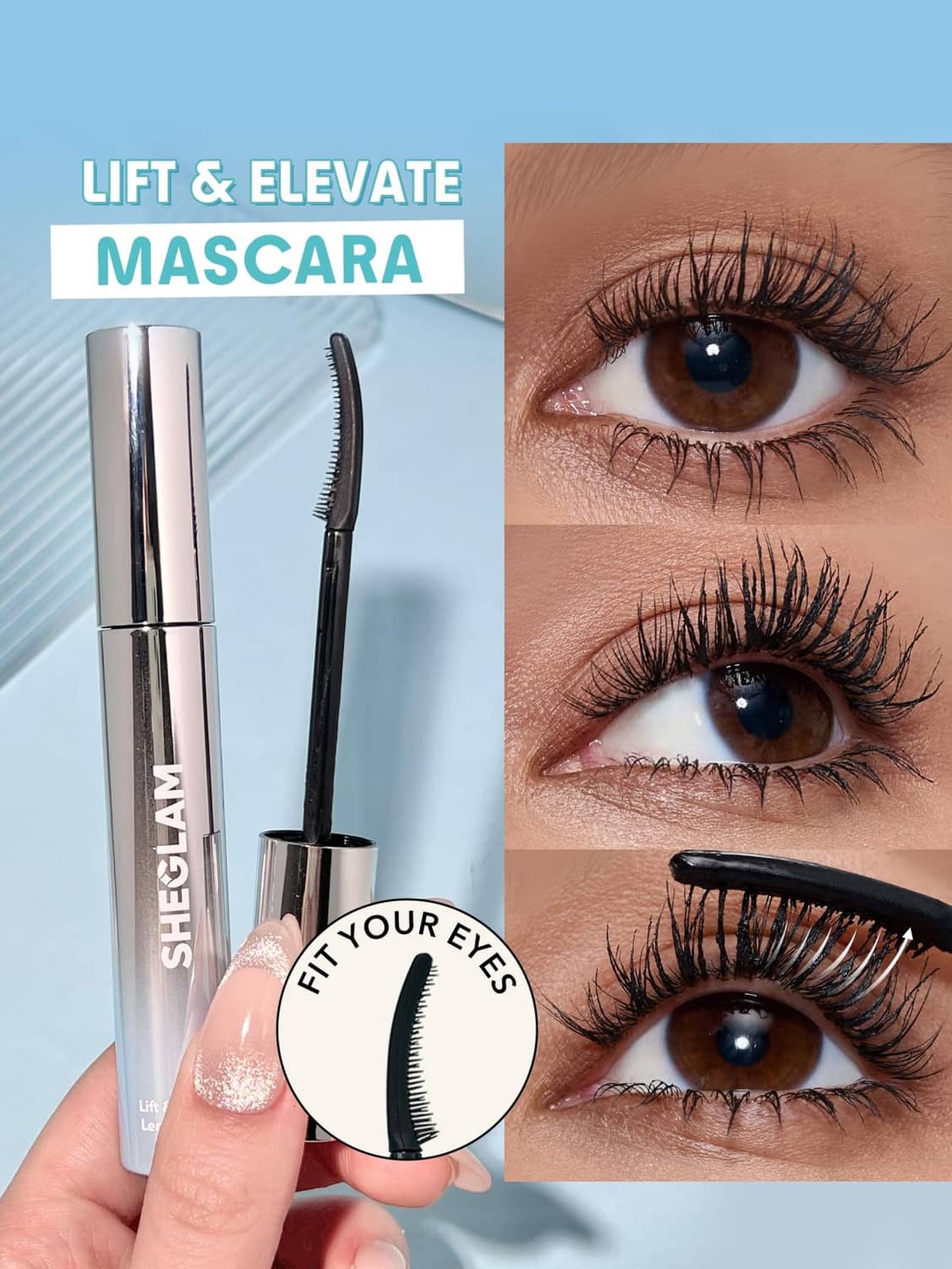 Mascara tube and black wand brush with lengthening bristles