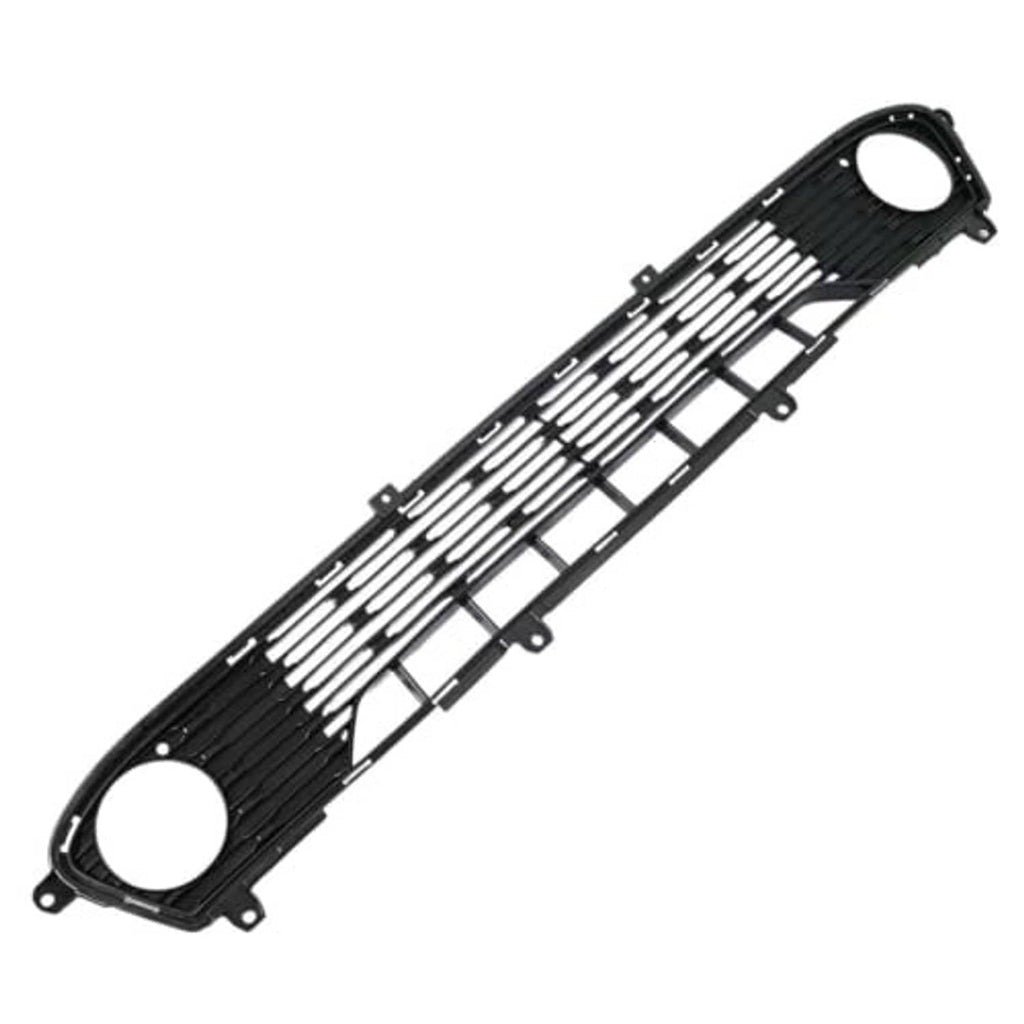 Front bumper lower grille, black grille insert with two circular openings and slat pattern