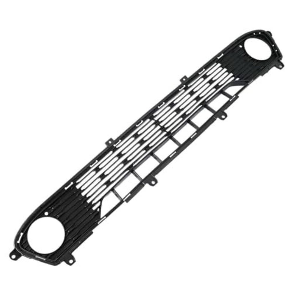 Front bumper lower grille, black grille insert with two circular openings and slat pattern