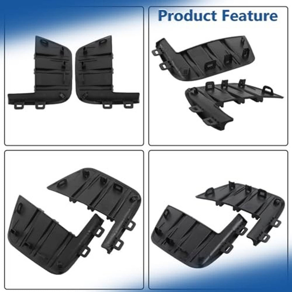 Black front bumper trim molding pair shown from multiple angles with tabs