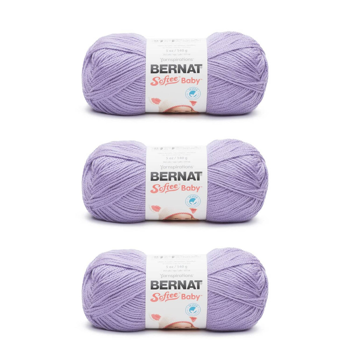 Lavender Bernat Softee Baby yarn skeins, three-pack bundles
