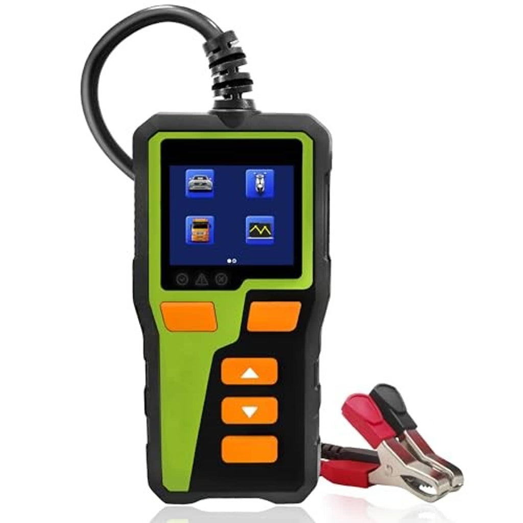 12V car battery tester with green housing and red clamp leads