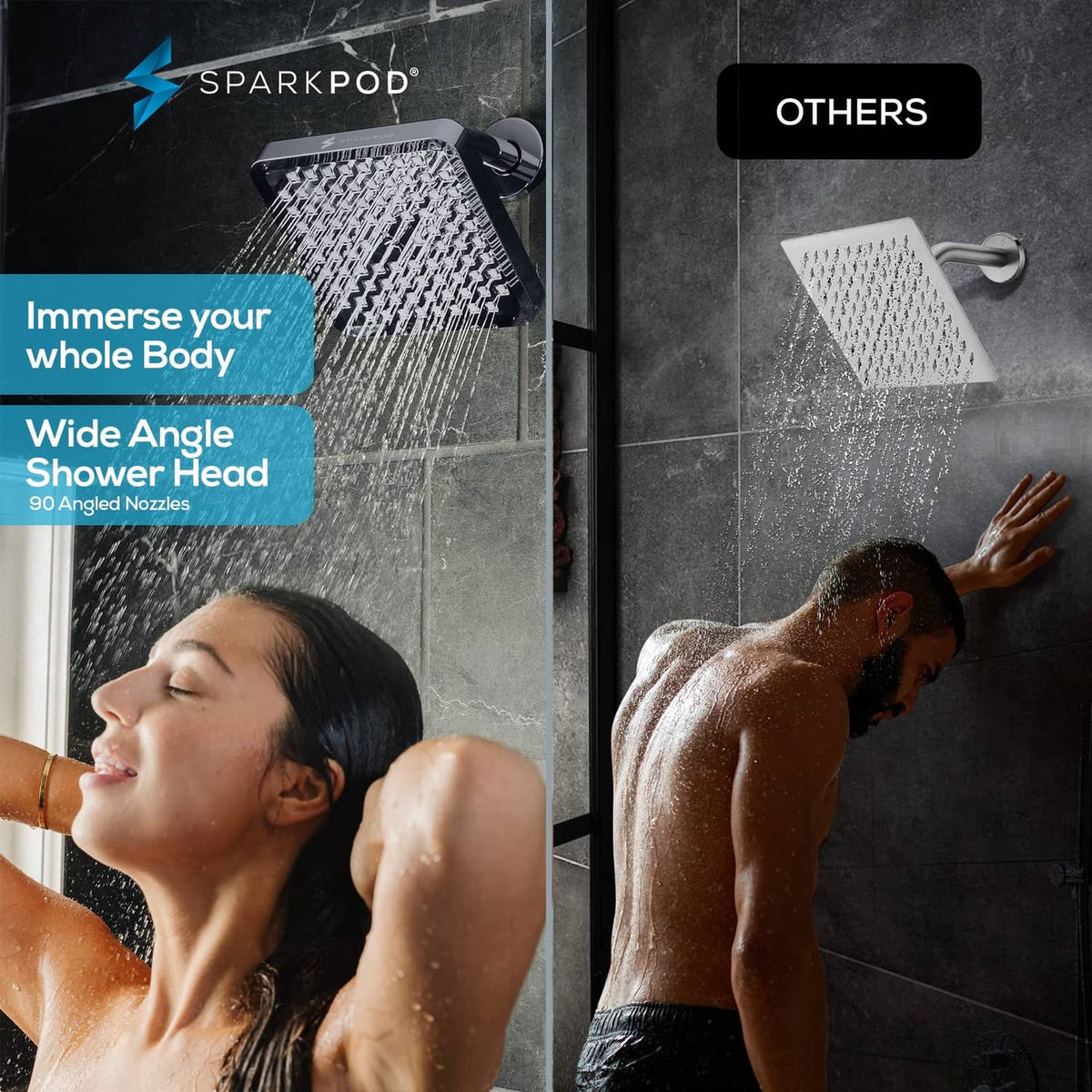 Charcoal grey 8-inch square rain shower head with water spray