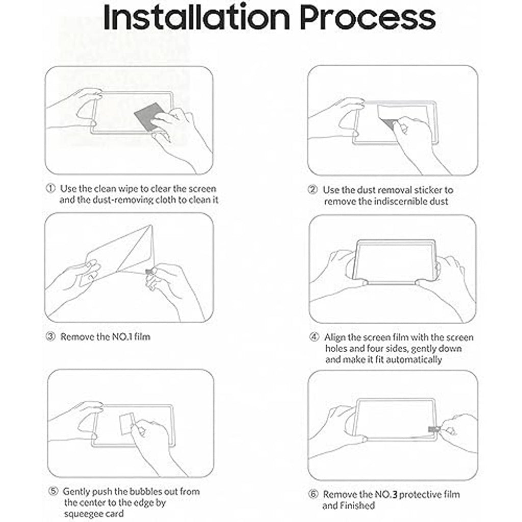 Screen protector installation guide, align film and remove bubbles for finish