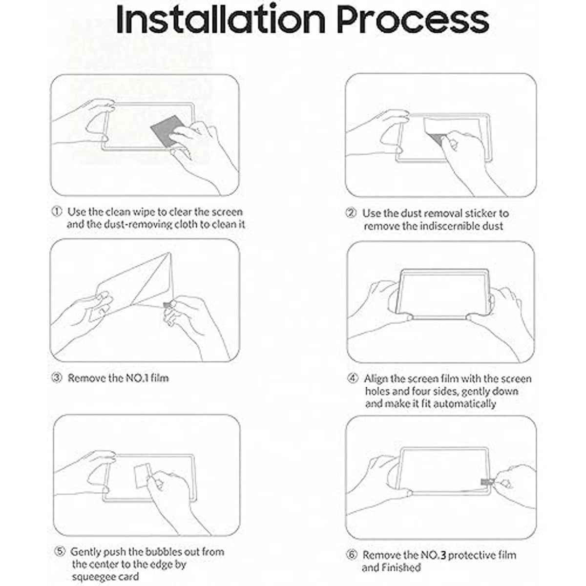 Screen protector installation guide, align film and remove bubbles for finish