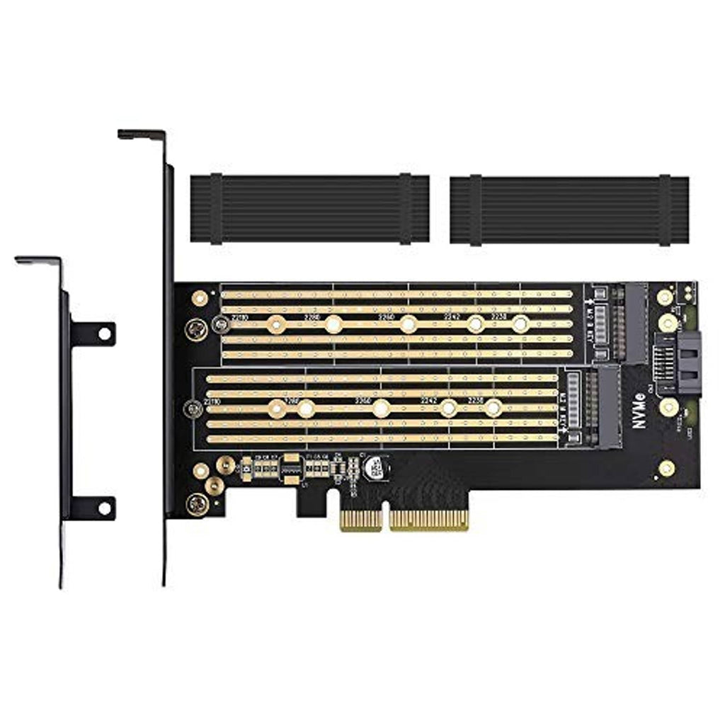 PCIe dual M.2 SSD adapter card with heatsink fins and PCIe mounting bracket