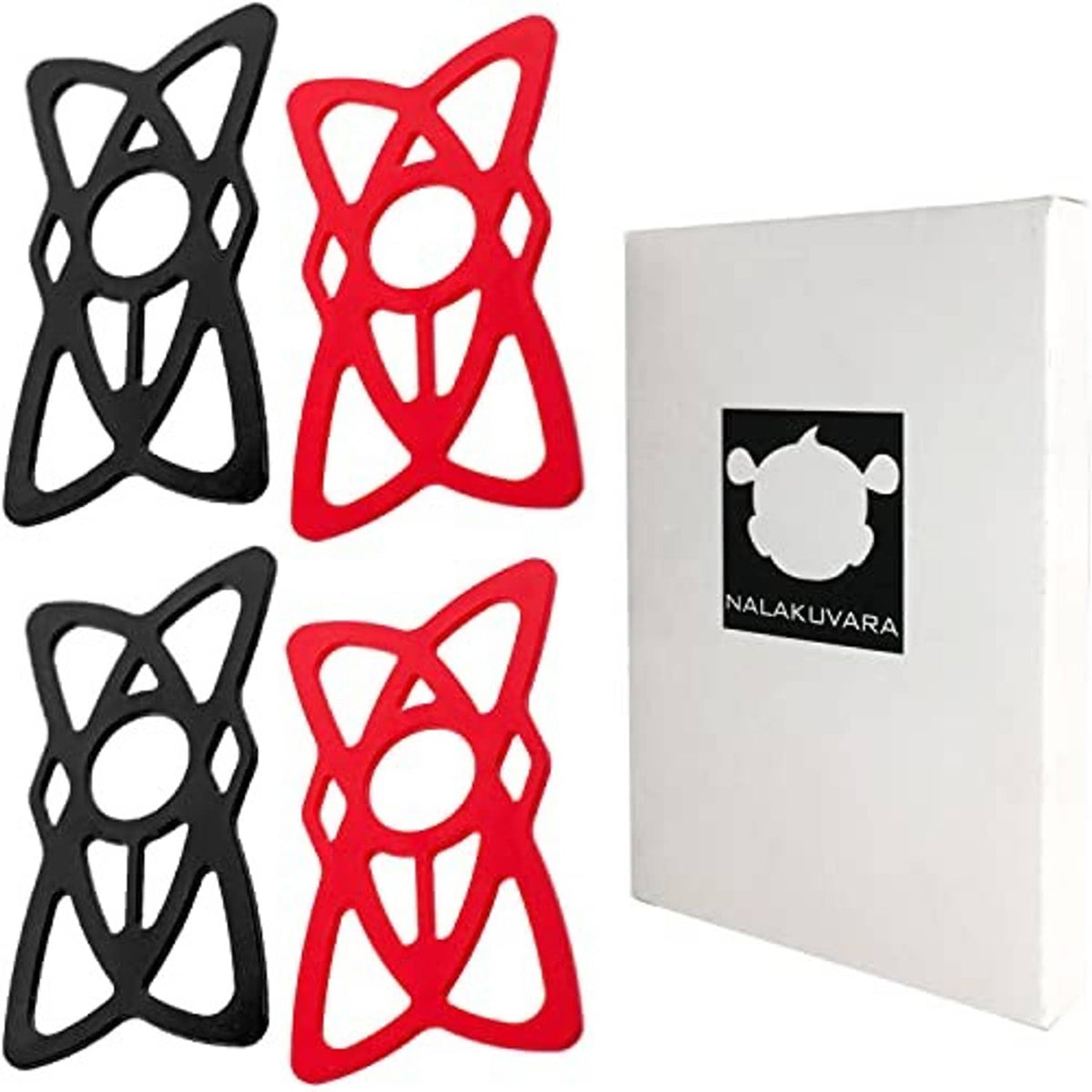 Assorted black and red silicone phone mount holders with X cutout shapes