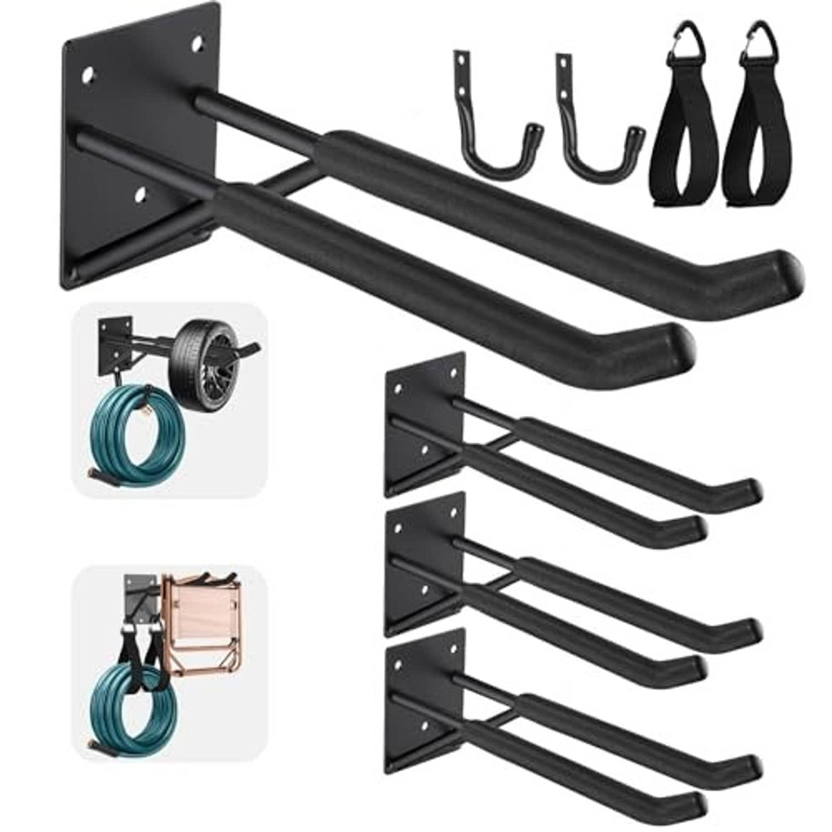 Black garage storage hook set with long double bars, U grips, and mounting hardware