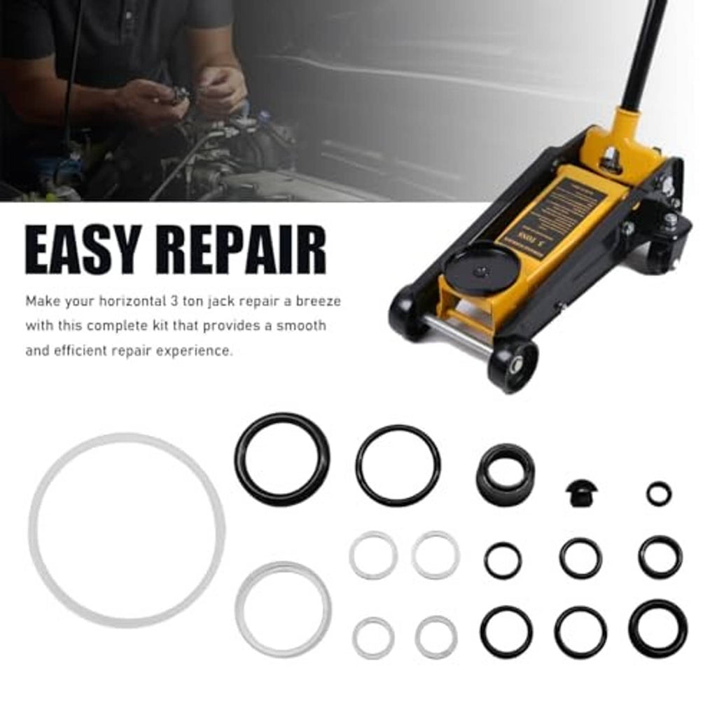 Horizontal floor jack with 51-piece seal kit parts and O-rings in a layout