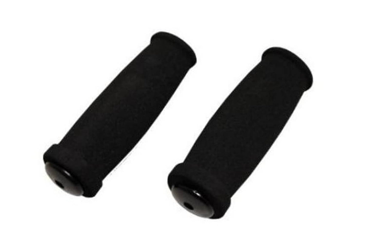 Pair of black foam scooter handle grips with open end and ridged texture