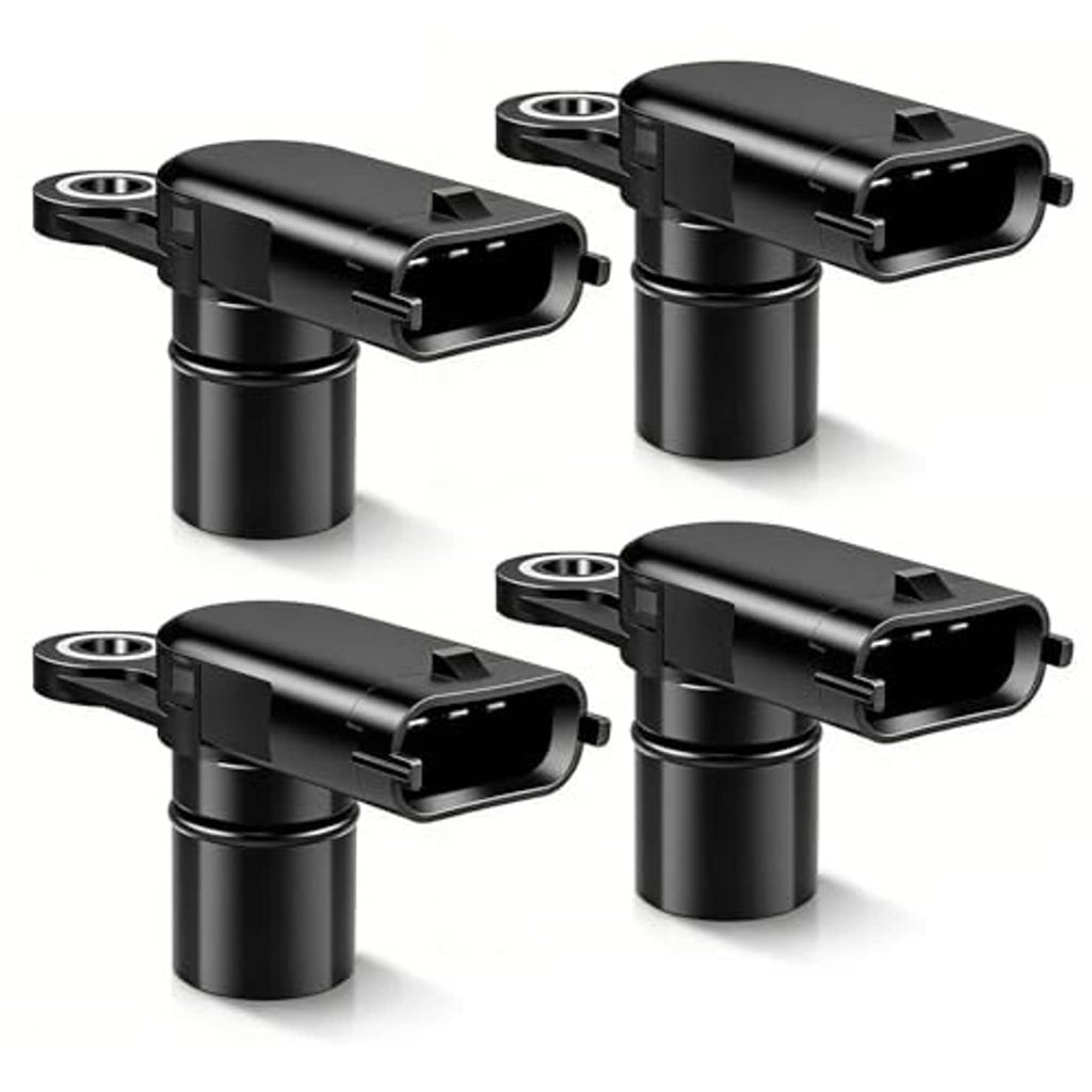 Four black camshaft position sensors with front plug connectors and metal mounting loops