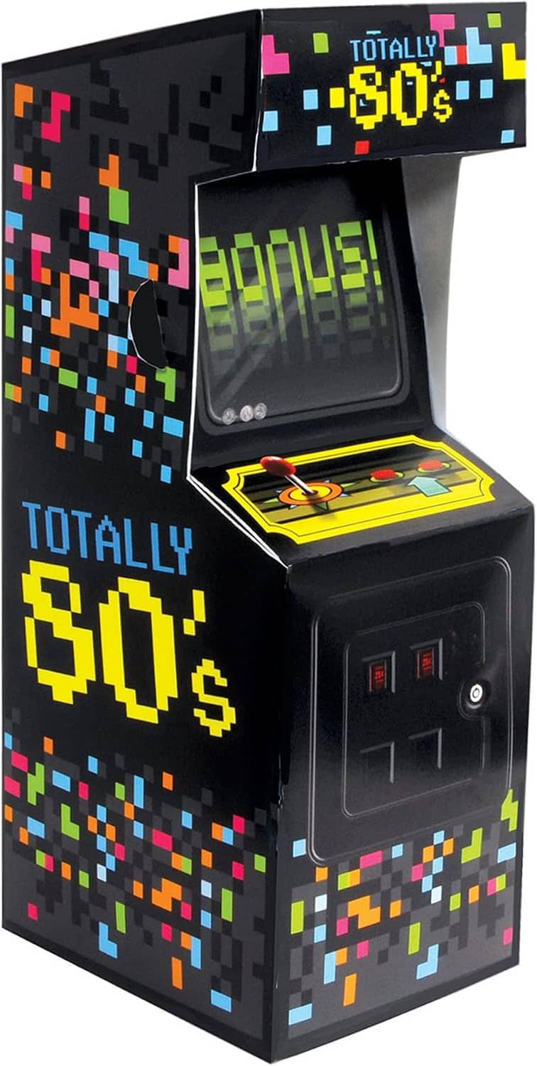 3D arcade video game centerpiece, black with colorful pixel art and windowed screen