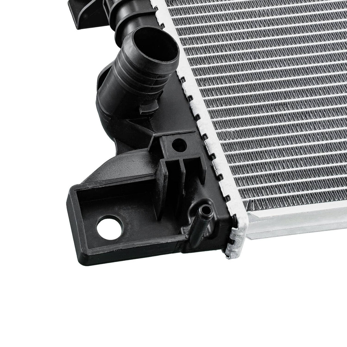 Automotive radiator corner with black inlet outlet housing and silver fin core