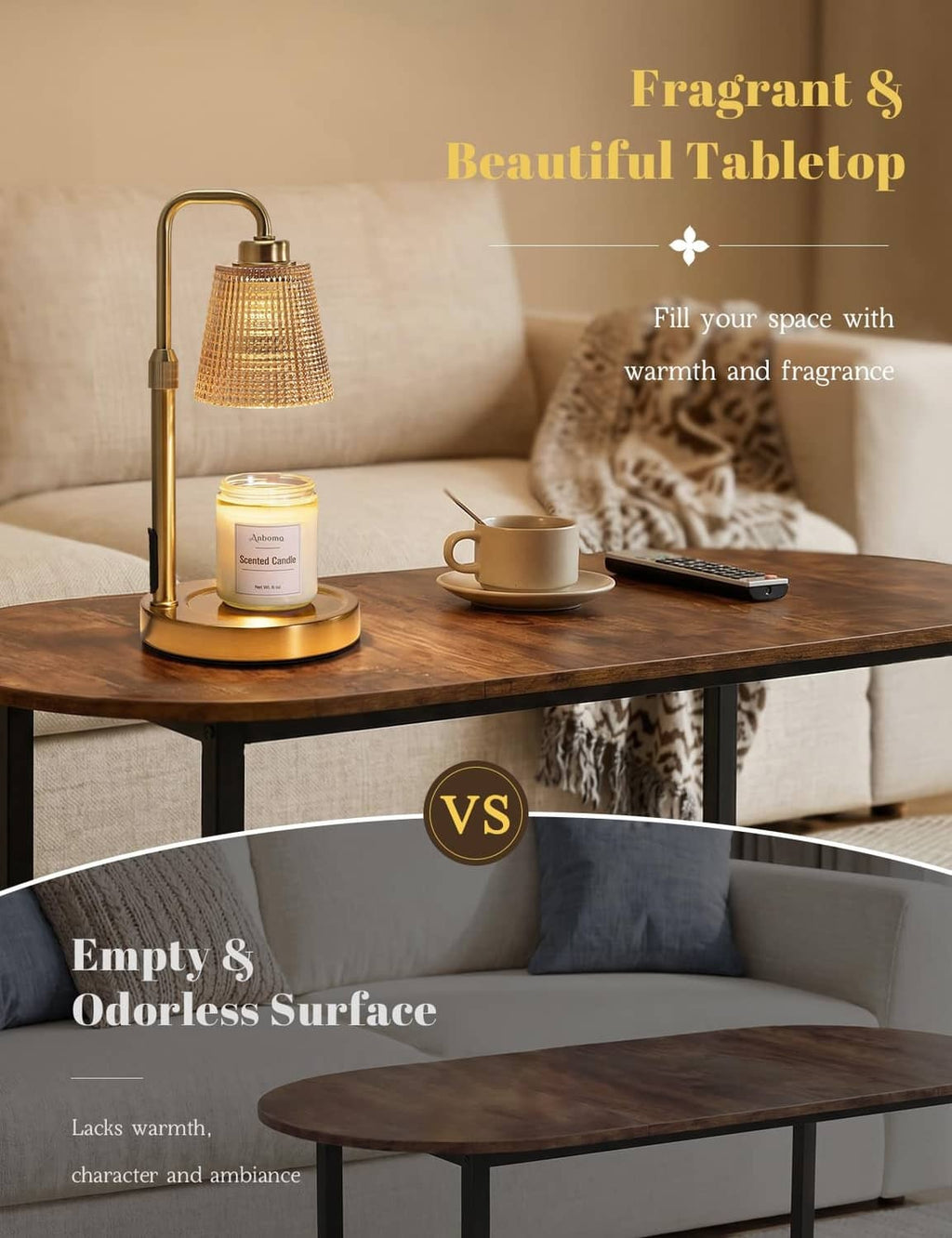Gold candle warmer lamp with amber shade and scented jar candle on tabletop