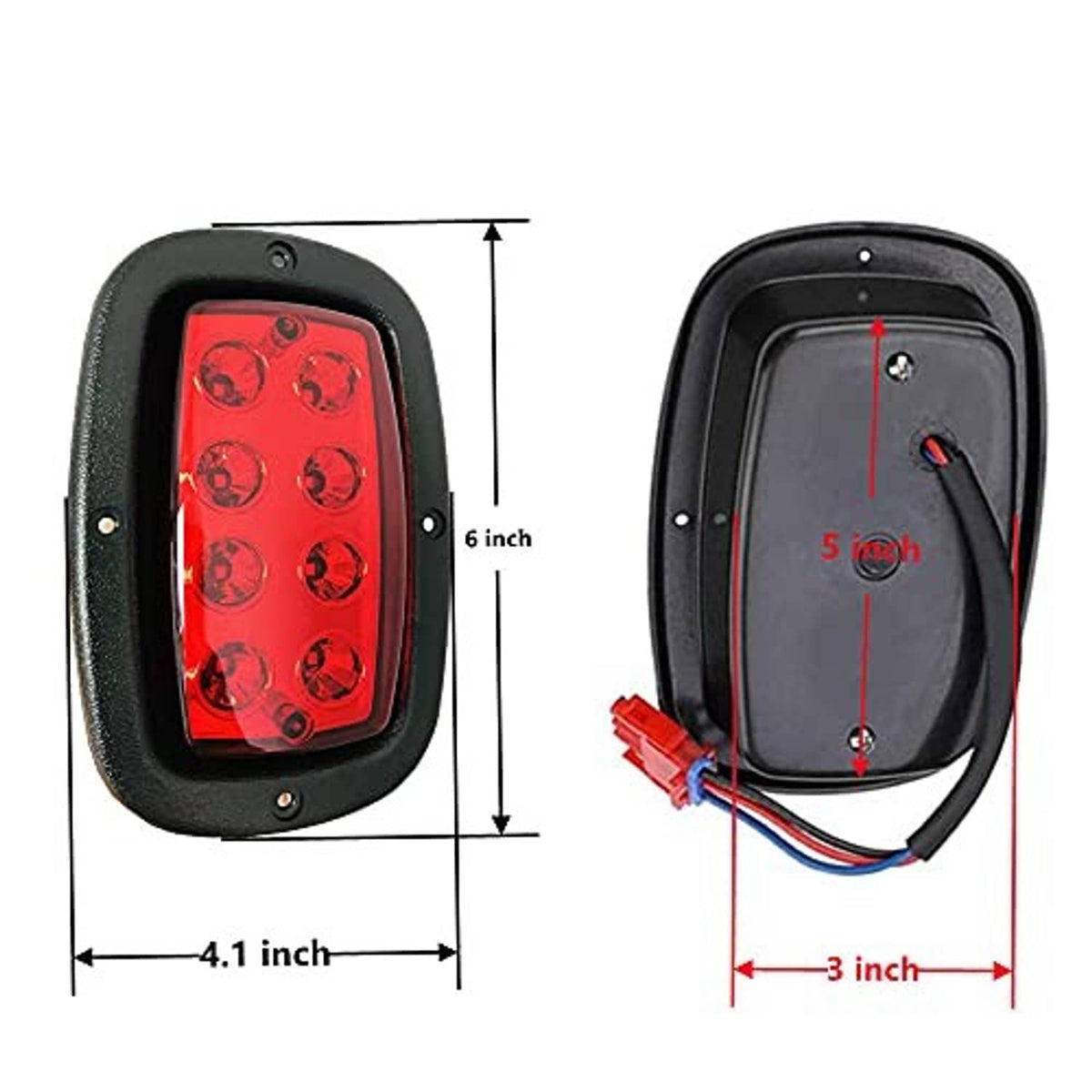 LED taillight with red lens and black housing, front and rear dimensions shown