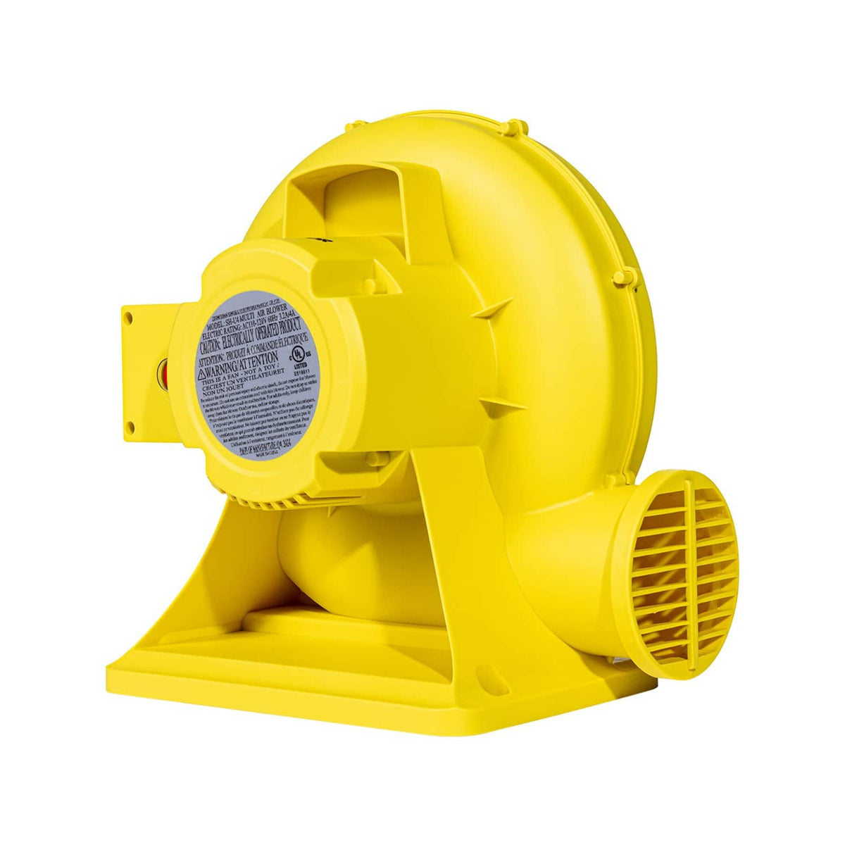 Yellow bounce house blower fan housing with side intake grille and control panel